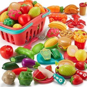 Pretend Play Food Sets for Kids Kitchen 61Pc, Storage Basket Cutting Toy Food